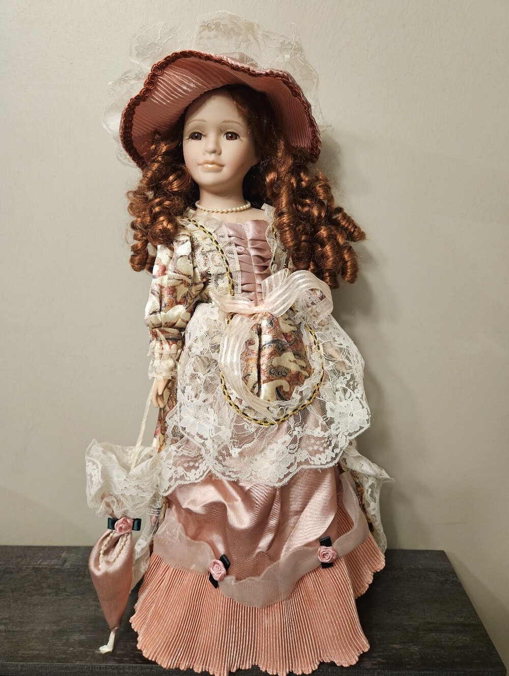 Vintage Collectible 19" Victorian Porcelain Doll - Auburn Ringlets & Lace Dress